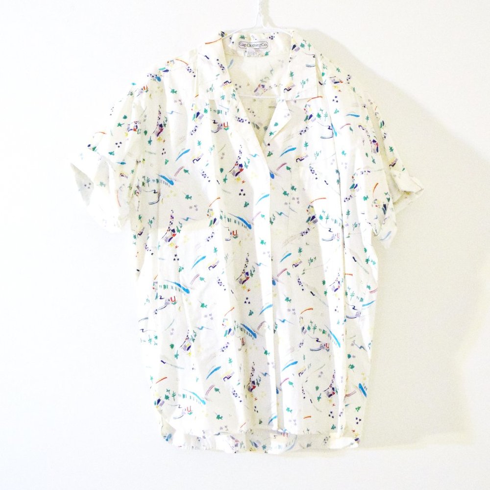 GAP Vintage Printed Lighthouse Village Pattern Button Up T-shirt